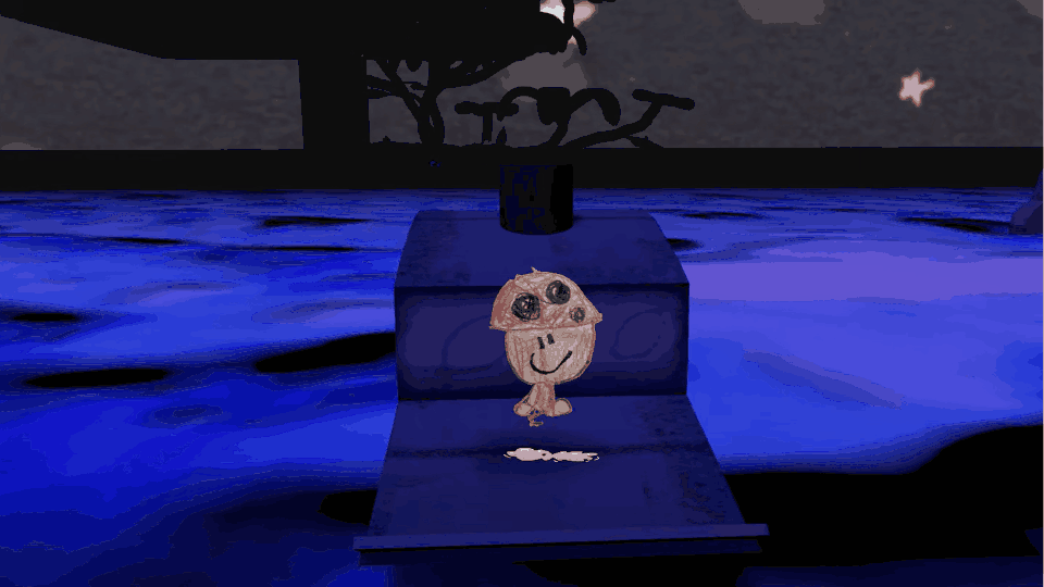 Gameplay GIF of Booper riding on a dark blue boat across dark blue water at night
