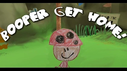 Title screen showing Booper, a smiling child with red clothes and a ladybug hat, against a grassy background in the game's hand-drawn crayon art style