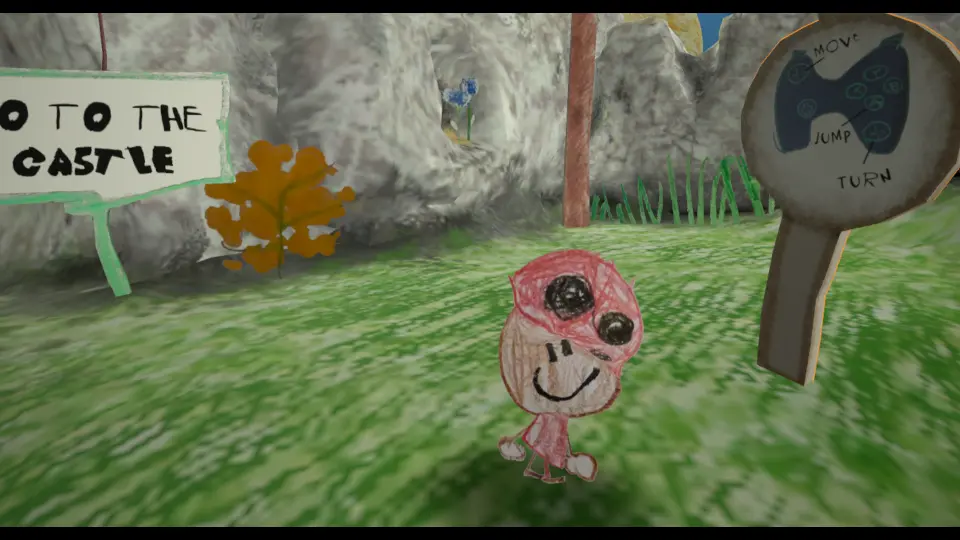 Gameplay screenshot from the game's opening, showing Booper in front of a sign showing the controls for a Quest device and another sign saying 