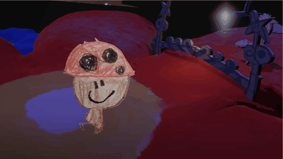 Gameplay GIF showing running over red ground in a dark area, being let through a gate by an NPC after solving a puzzle