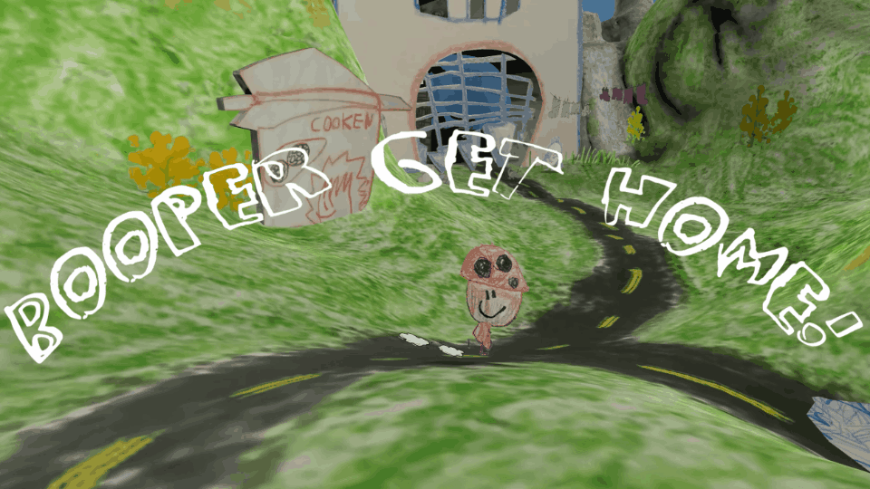 Gameplay GIF showing Booper run along a street toward a castle surrounded by grass and buildings, with the title overlaid in white letters