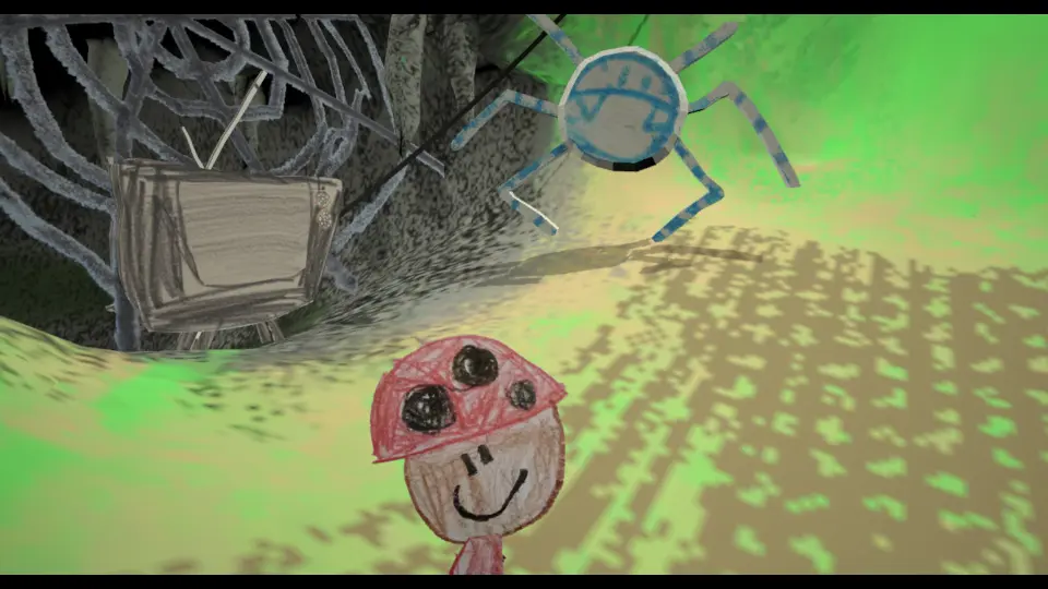 Gameplay screenshot of Booper in front of a sad spider near its web, surrounded by a grassy hill