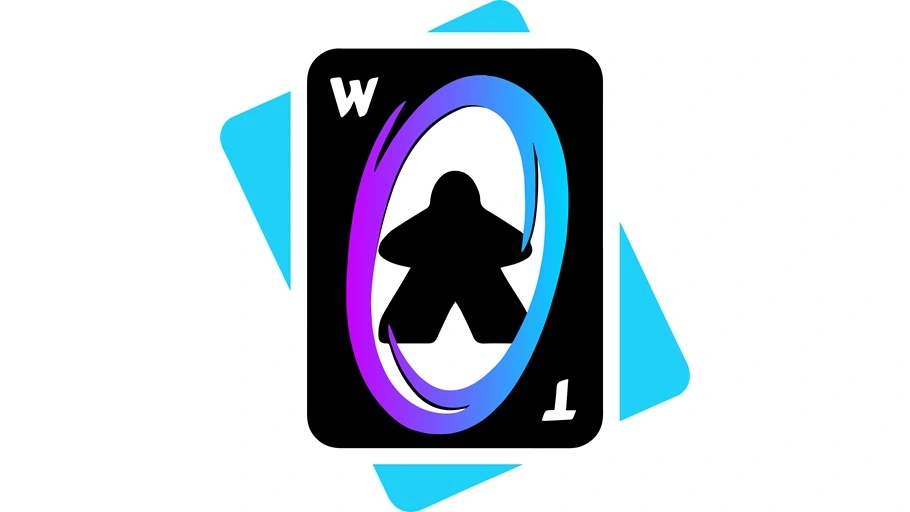 The WarpTable logo: a black card with the letters W and T in the corners, with a black meeple surrounded by a blue and purple portal