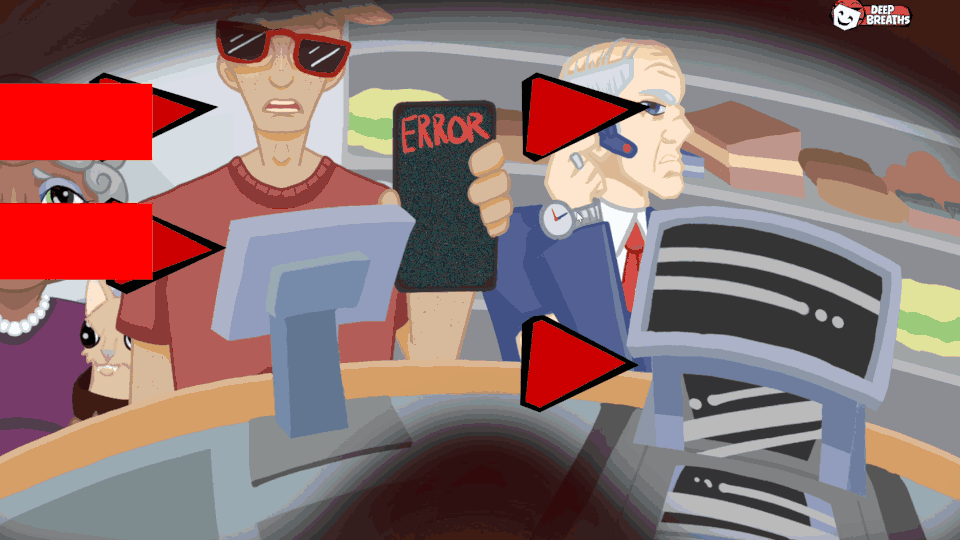 Gameplay GIF from the end of the game, still with music notes indicated by red triangles but now appearing multiple at a time (in chords). The status UI in the upper-right still indicates the player's mental state with text (e.g., 