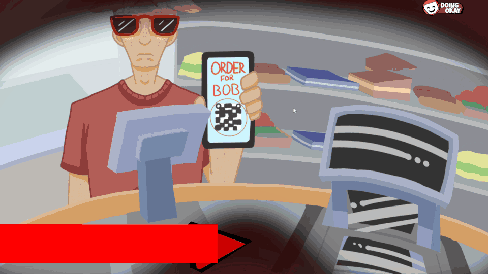 Gameplay GIF from some time into the game, still with music notes indicated by red triangles but now appearing more frequently. The status UI in the upper-right still indicates the player's mental state with text (now 