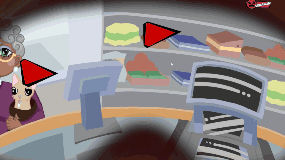 Gameplay GIF from the beginning of the game, with music notes indicated by red triangles appearing somewhat infrequently. Status UI in the upper-right indicates the player's mental state with text (e.g., 