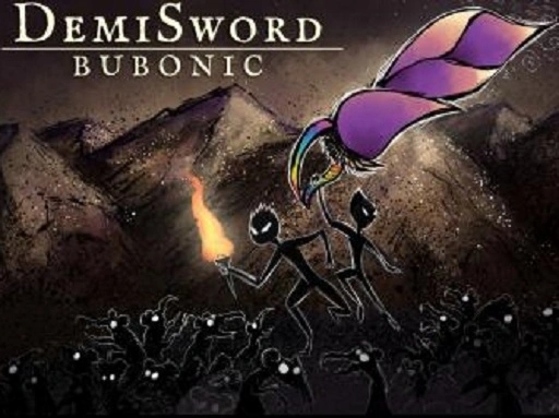 Title screen with white text above a dark a mountainous terrain full of black rats with white eyes, and above them are two black human figures with white eyes, one holds a torch and the other holds the titular sword, which has a multicolor handle and a large purple flower-like blade
