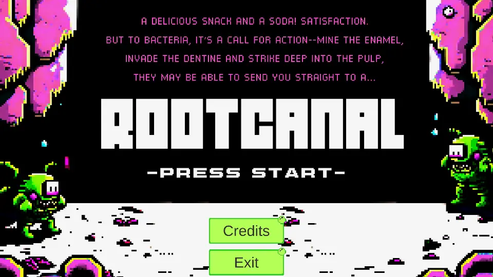 Title screen with large white text on a black background with little green bacteria people and purple debris on a white surface