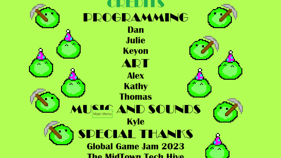 GIF of the credits screen with black text on a light green background and lots of the little green bacteria jiggling around the side, holding pickaxes and wearing party hats

