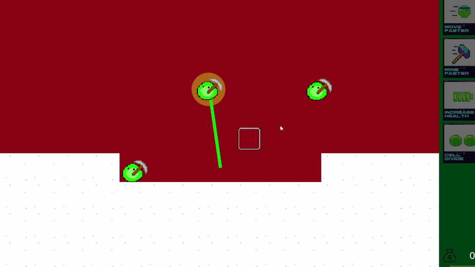 Gameplay GIF of 3 little green bacteria characters with pickaxes being moved around a red background, following green lines as they go, and starting to 