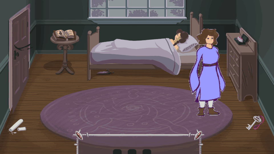 Gameplay GIF of the witch-like player character standing in a candle-lit bedroom with lighting flashes casting ominous shadows of monsters on the floor