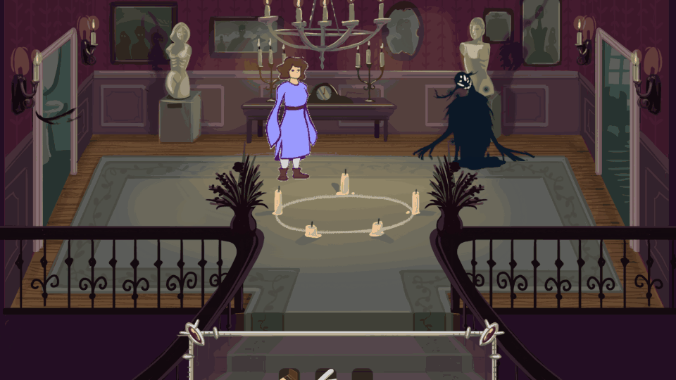 Gameplay GIF of the player defeating the first demon, a dark grinning thing with stick-like fingers and broken horns, in the hallway by drawing a pentagram inside a circle of candles, which sucks the demon into the floor
