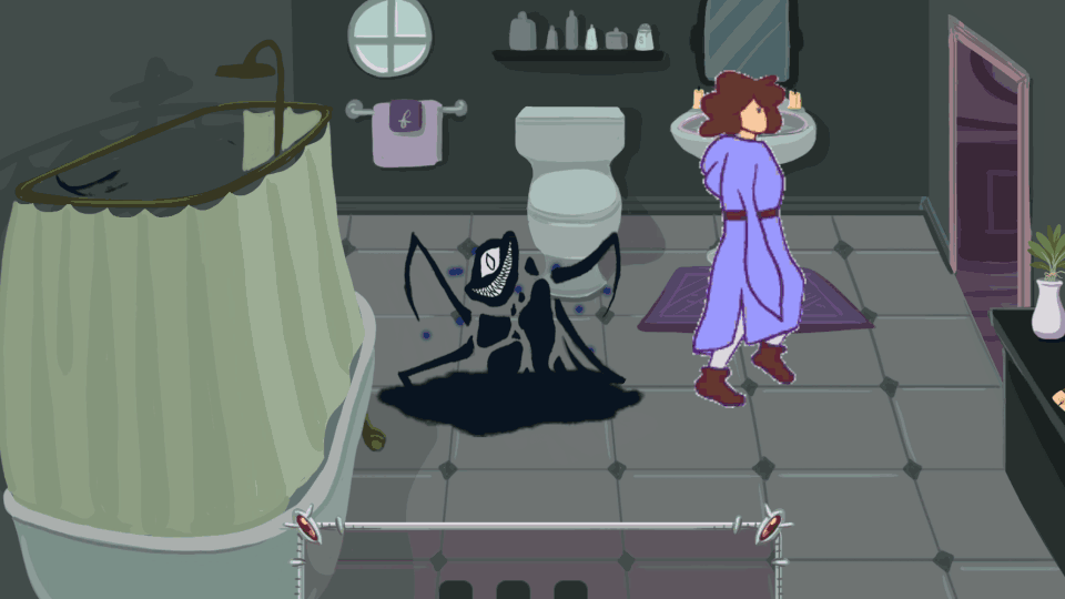 Gameplay GIF of the player defeating the second demon, a black insectoid thing with one eye and grinning teeth, in the bathroom by placing a crystal in the sink and lighting candles, which sucks the demon into the mirror
