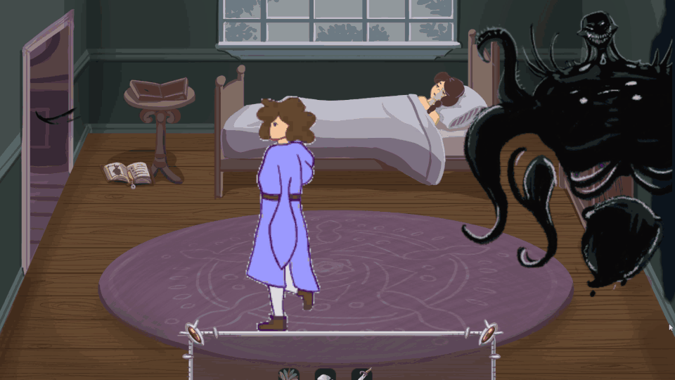 Gameplay GIF of the player defending her sister's body in the bedroom by placing salt in the doorway and drawing a pentagram with blood while the third demon, a large humanoid thing with tentacles and eyes in its chest, slowly enters through a portal in the wall
