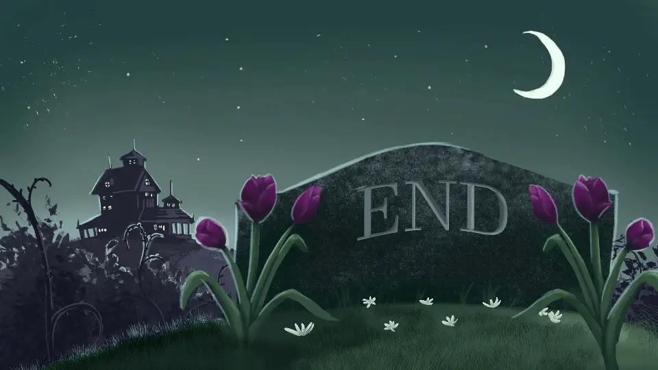Screenshot of the game over screen after defeating all demons, showing a gravestone that says 