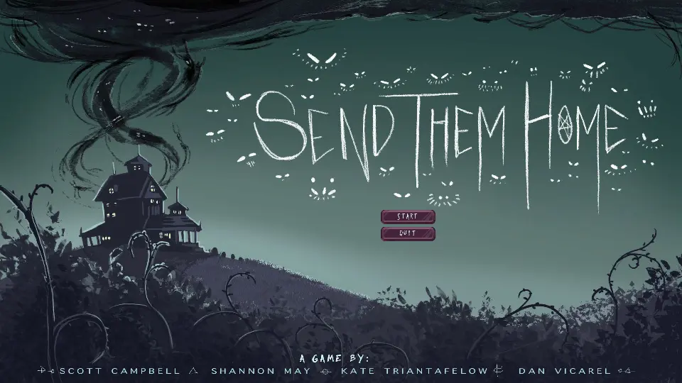Title screen with white text surrounded by little white monster faces, in the background is an intimidating mansion on a distant hill at dusk with mysterious black spirits flying out and into the sky

