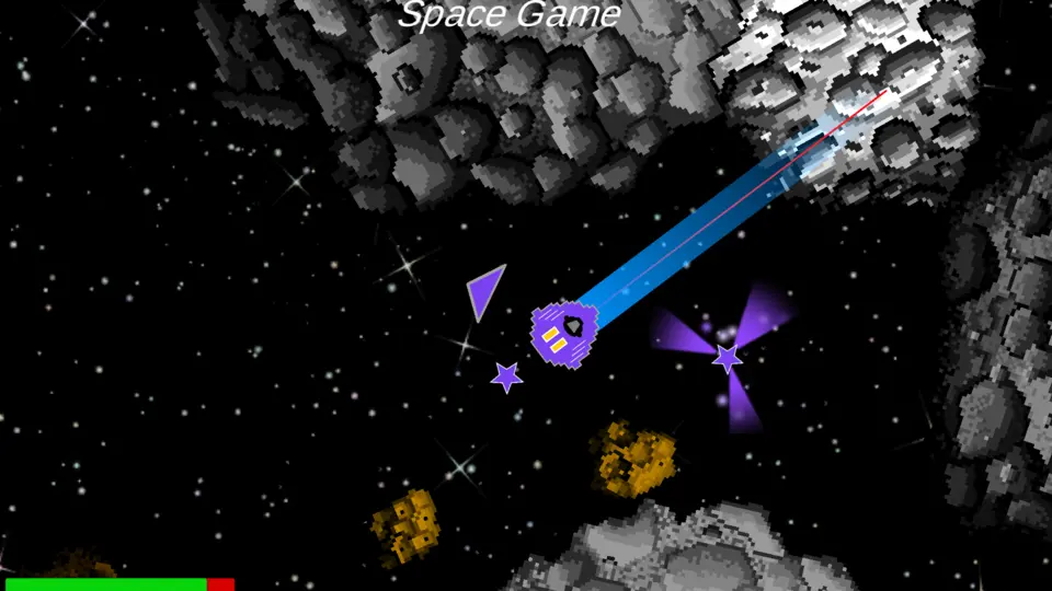 Gameplay screenshot of the player's purple spaceship flying through space, dodging asteroids, and collecting treasure