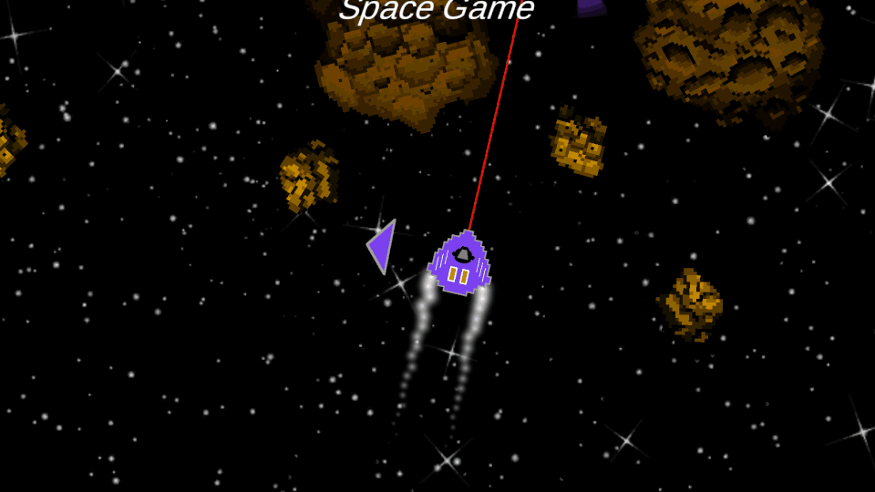 Gameplay GIF of the player's purple spaceship flying through space, dodging asteroids, and collecting purple star-shaped treasures
