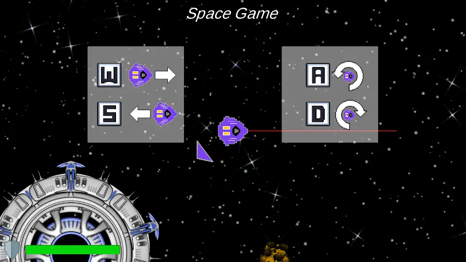 Gameplay screenshot of the opening UI for a new game with simple button icons indicating that the W and S buttons move the spaceship forward and back, while the A and D keys rotate the ship counter-clockwise and clockwise.
