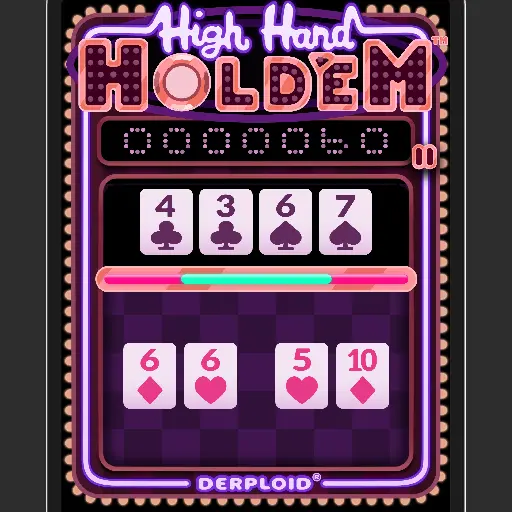 Gameplay screenshot showing the game's casino-like flashy lights and seven cards from which the player would choose the best hand
