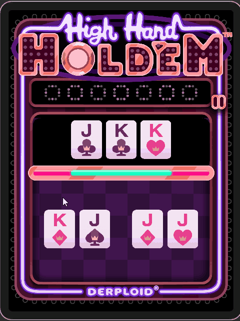 Gameplay GIF of player selecting the correct hand (Full House) and earning 30 points before another board card slides in to make things harder.