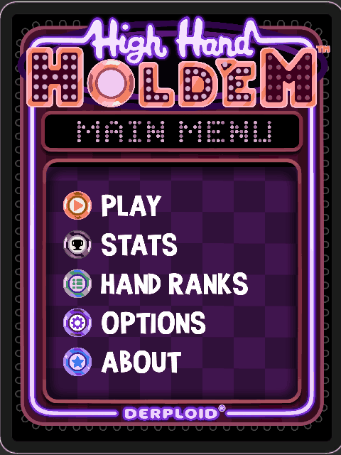 Gameplay GIF of the main menu with rotating Poker chip buttons for Play, Stats, Hand Ranks, Options, and About
