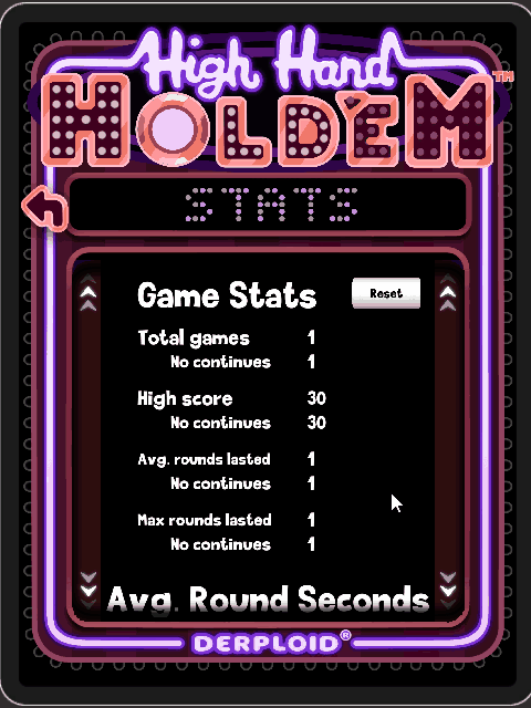 Gameplay GIF of scrolling the Stats screen, revealing many statistics like number of games played, average round seconds broken down by number of hands, and correct choice percent broken down by winning rank.
