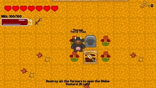 Gameplay screenshot of the game's fall skin, with browner grass and leaves