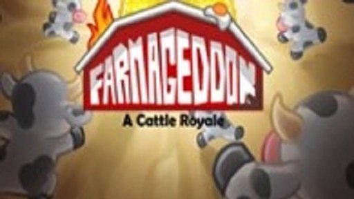 Title screen with white text on a red barn covered in fire and broken eggs with humanoid cows running toward it