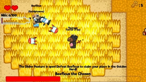 Gameplay screenshot showing 2D, cartoony cows with name tags 