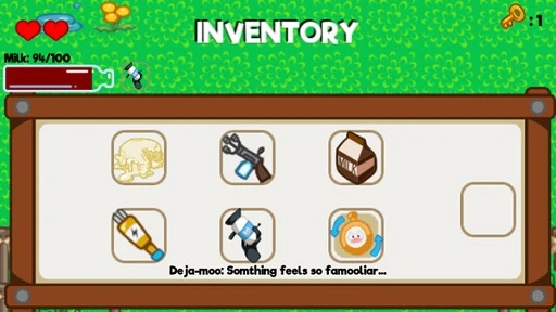 Gameplay screenshot of the inventory UI, a seven-slot grid currently containing six items, ad the selected one has descriptive text at the bottom