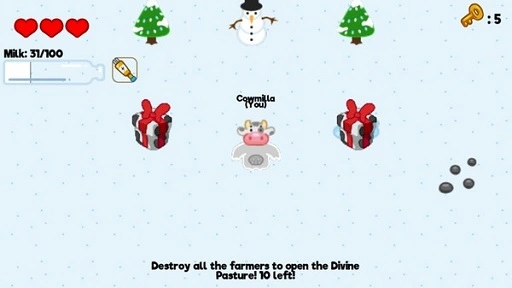 Gameplay screenshot of the game's winter skin, with snow covering the grass and presents, trees, and snowmen scattered around