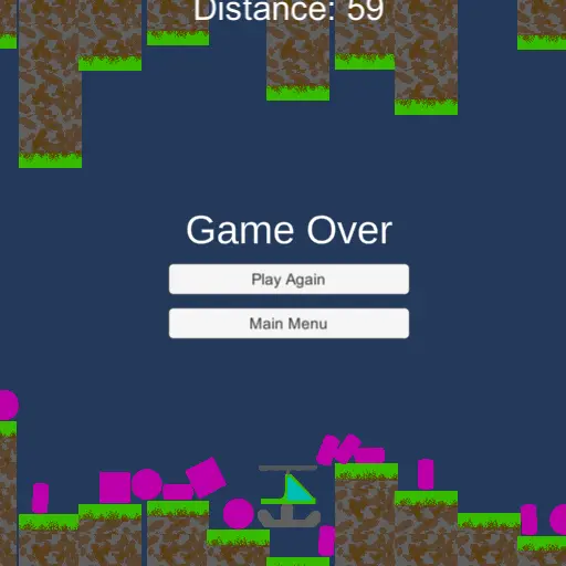 Gameplay screenshot screenshot of the gameover menu with Play Again and Main Menu buttons