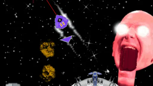 Screenshot of the 2D space shooter game that I built for this talk, with an interactive enemy that looks like Jeff Bezos' head