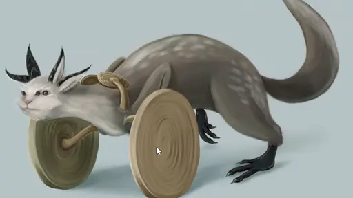 Image of an original creature design from this talk, showing a kangaroo-like animal with wheel-like bones growing out of its shoulders